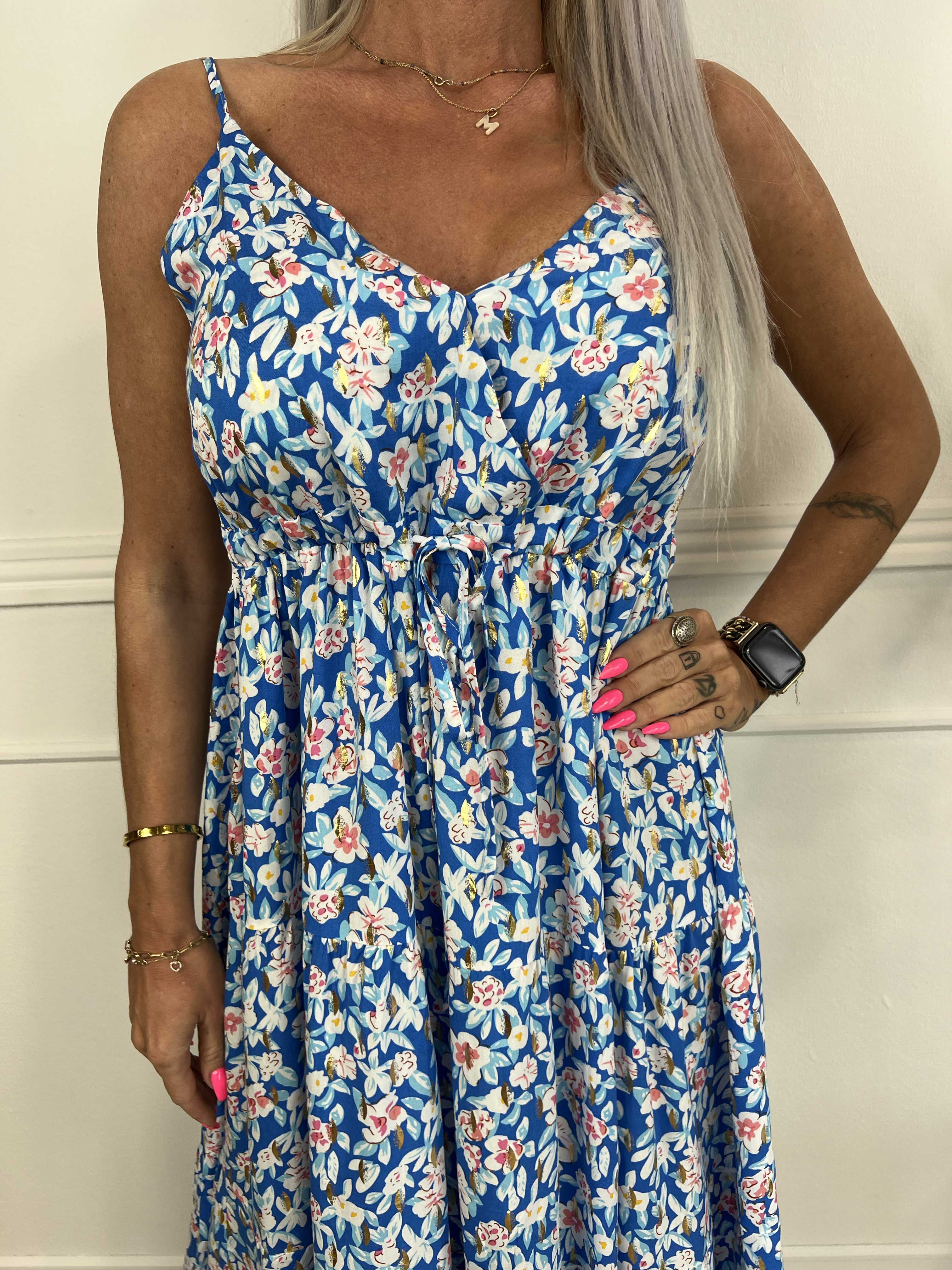 Lucie Small Flower Short - Viskose stropkjole i blomsterprint med v-udskæring